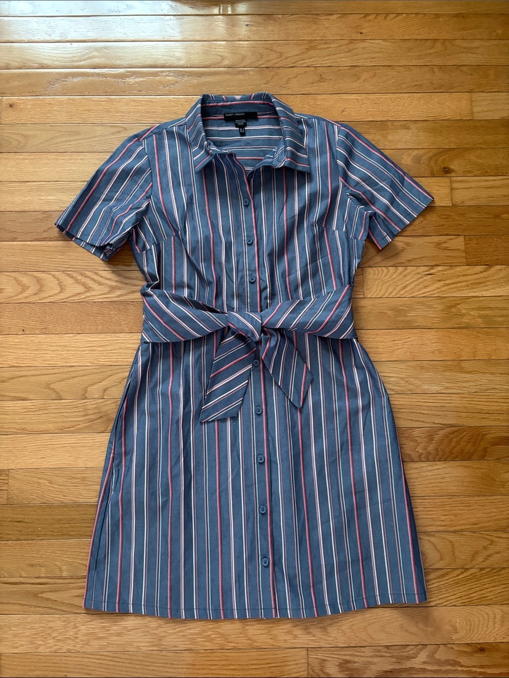 Maggy London Navy Blue Striped Shirt Dress with Waist Tie